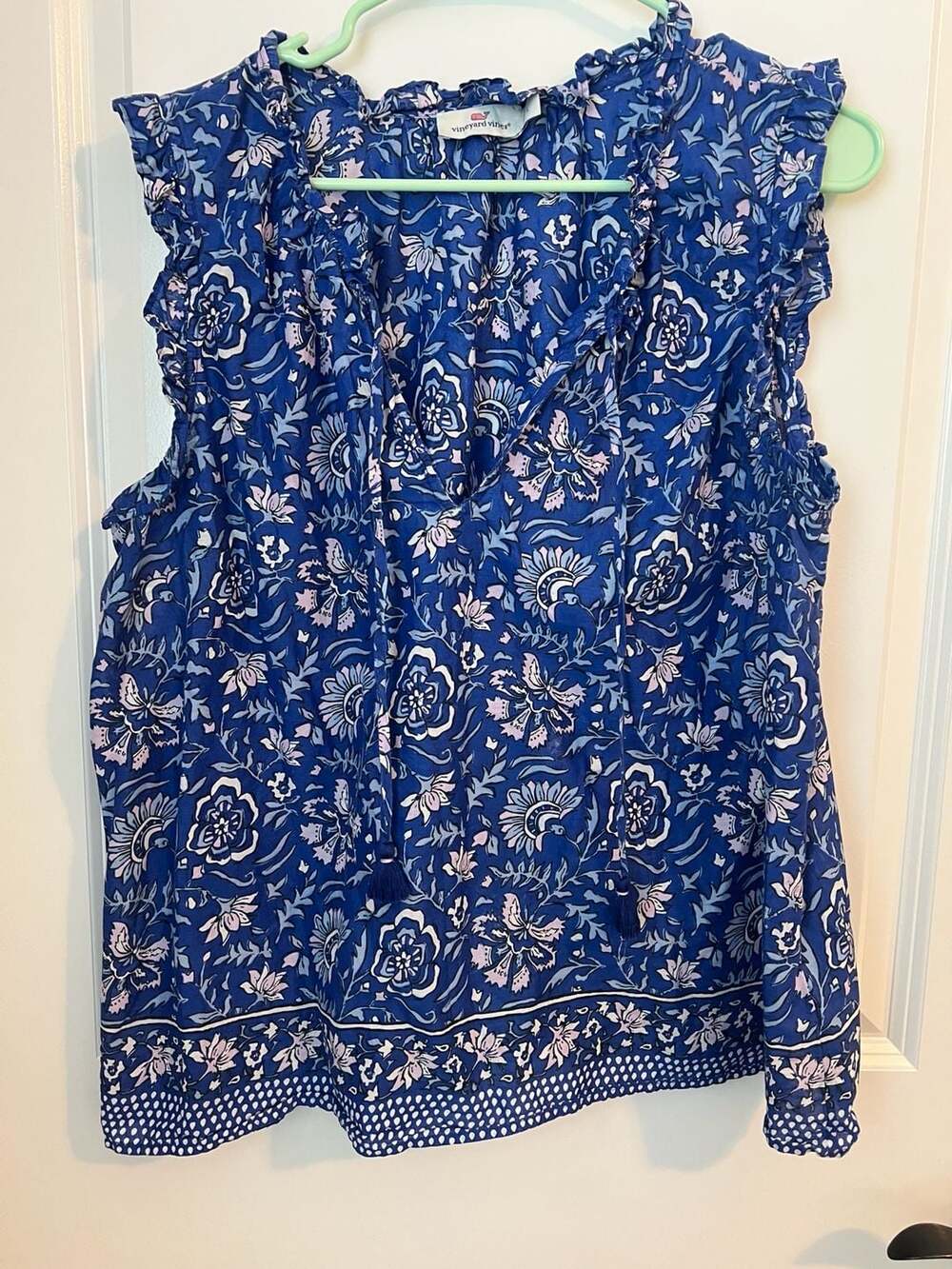 Vineyard Vines Blue Floral Printed Ruffle Shell Top with Tassels